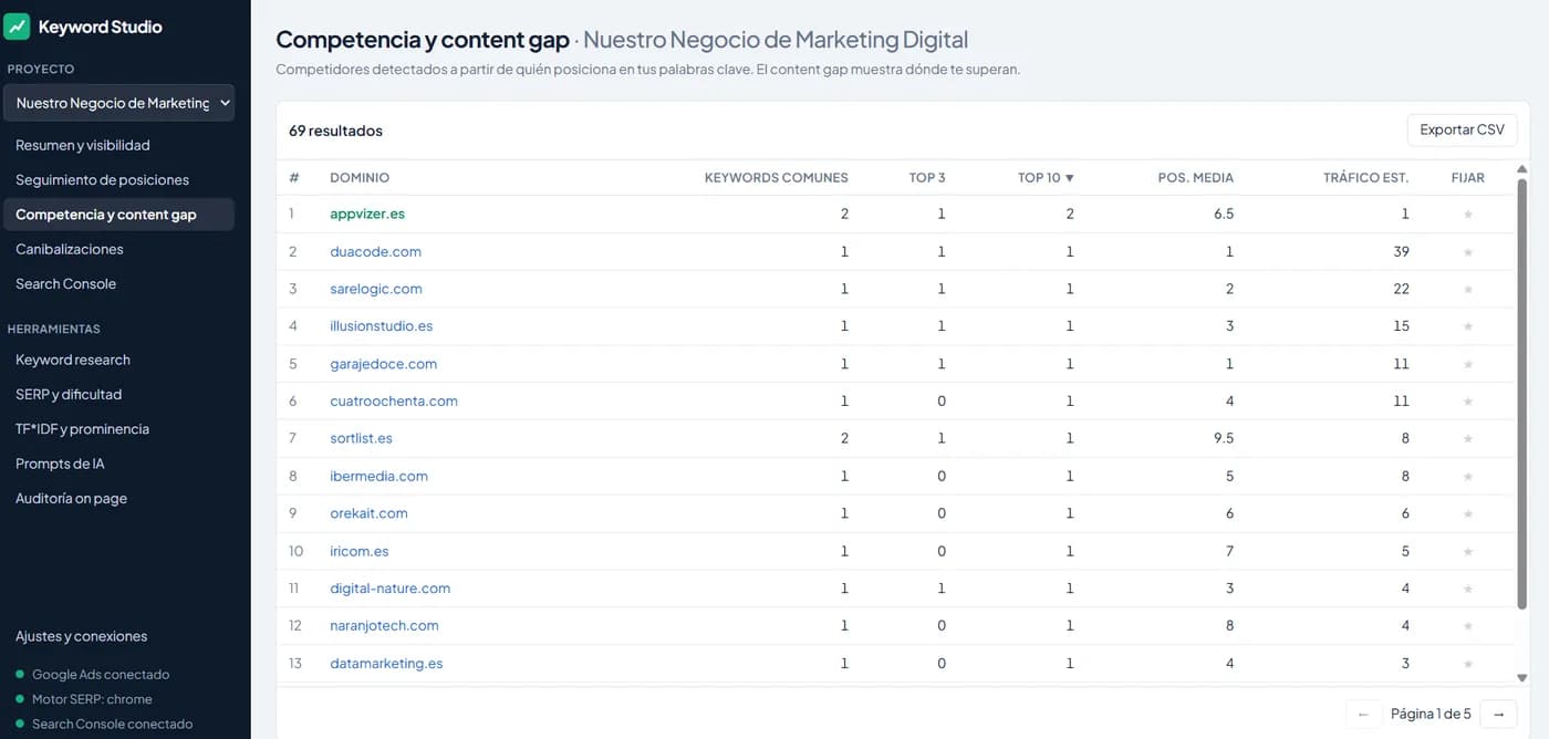 Captura de AppSEO (Keyword Studio)